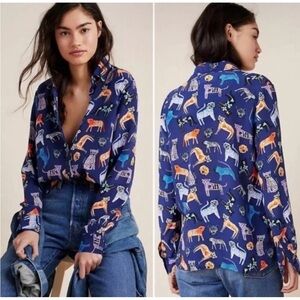 Anthropologie Carolyn Gavin, Blue Mariposa Silk Blouse Cat Lion Leopard Art